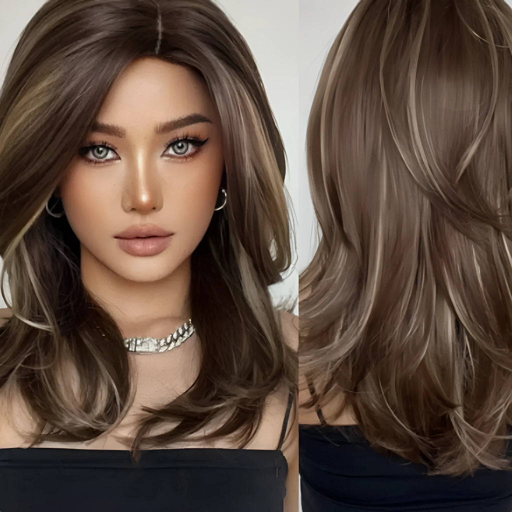 Mid-length platinum gradient curly wig with long bangs on a display stand