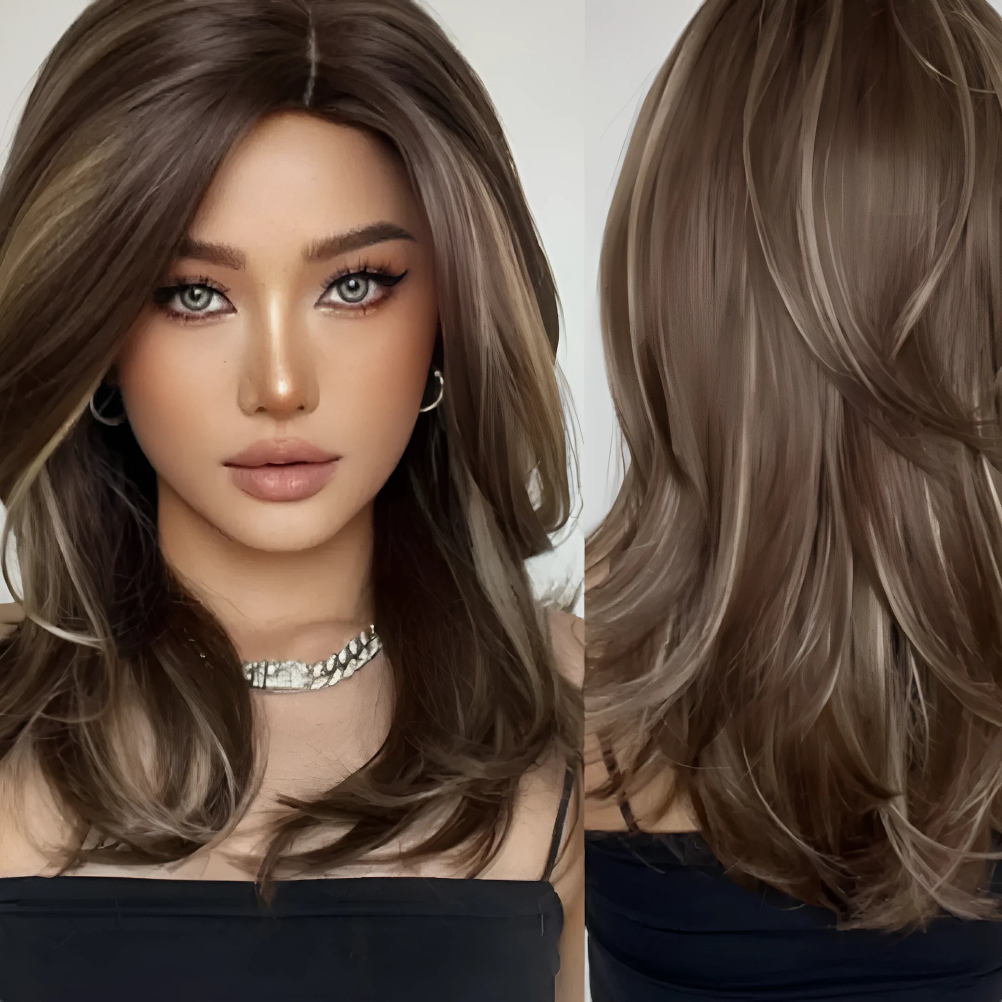 Mid-length platinum gradient curly wig with long bangs on a display stand