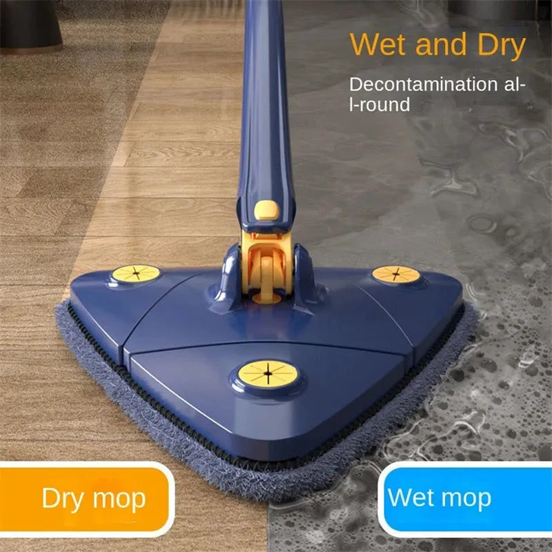 Blue extendable triangle cleaning mop with rotating head on stainless steel pole.