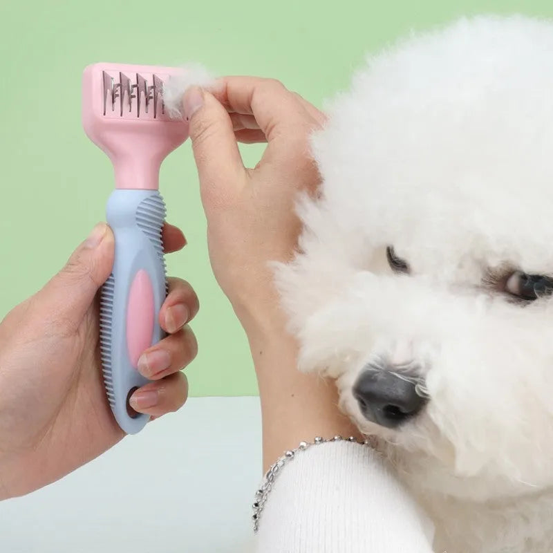 Stainless steel dog comb with knot knife edge and massage blades for pet grooming