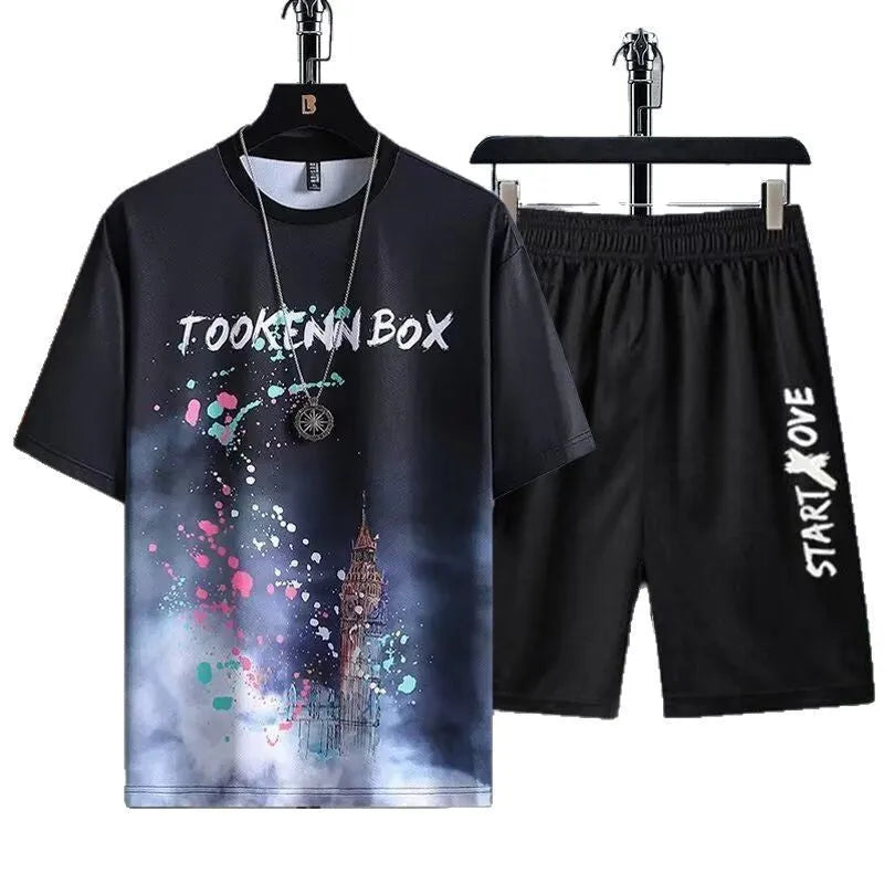 Men's light blue ice silk short sleeve T-shirt and matching shorts summer suit set laid flat.