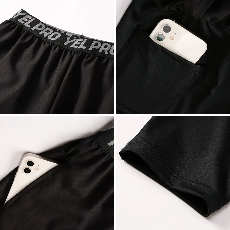 Men's gray quick-drying high elastic tight sports pants for fitness and running.
