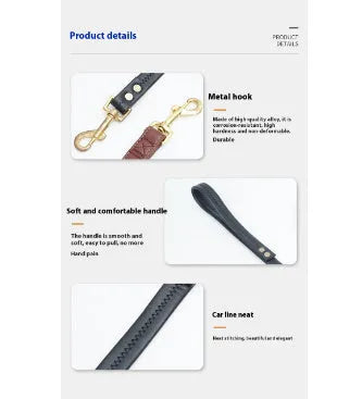 Black PU leather pet traction belt with metal clasps and adjustable length