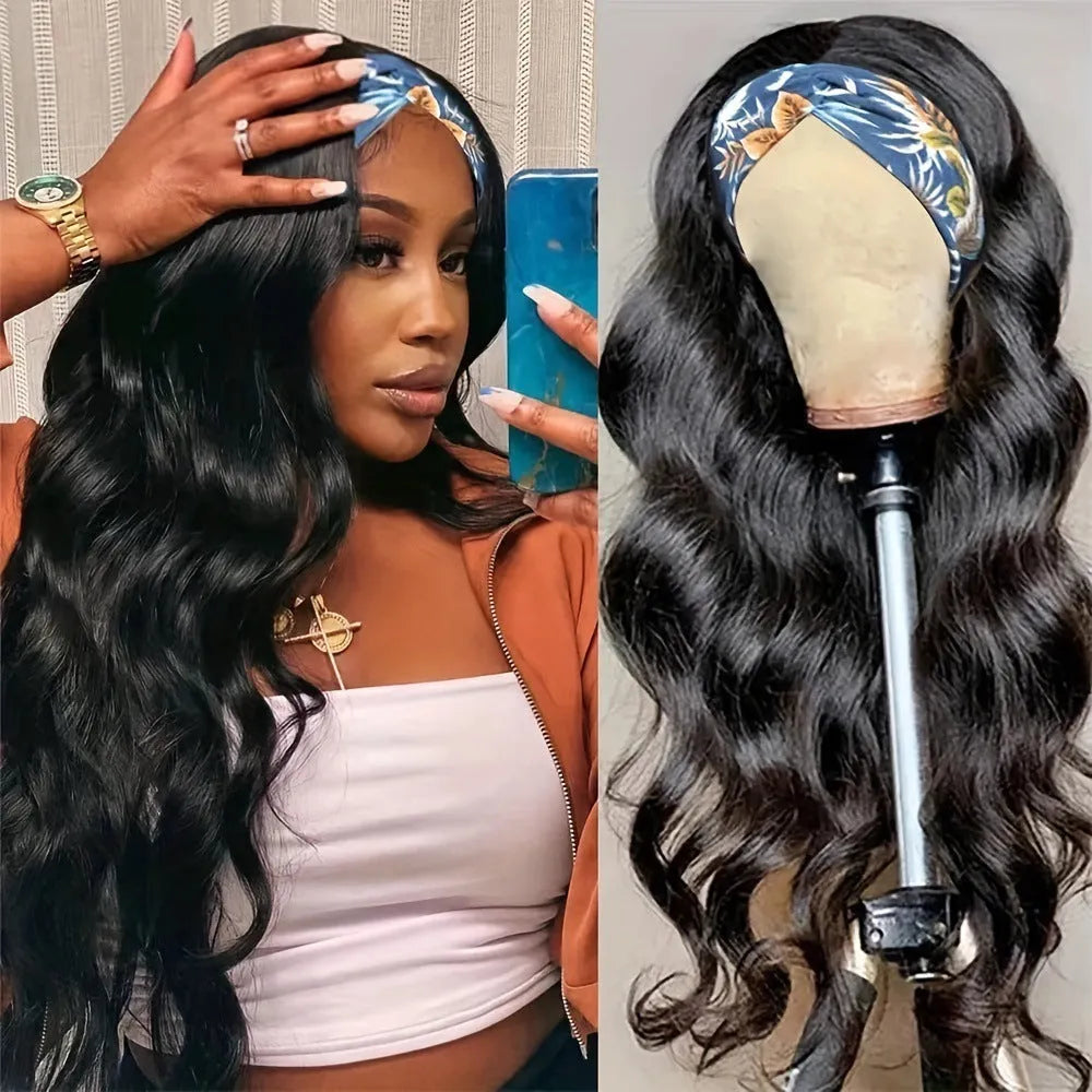 Headband wig with long synthetic hair in straight, curly and wine red colour options