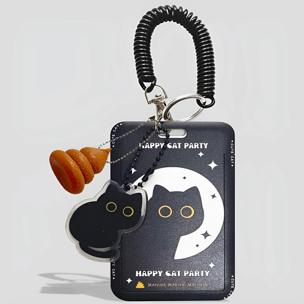 Cartoon little black cat design plastic card holder with ferrule pendant attached.