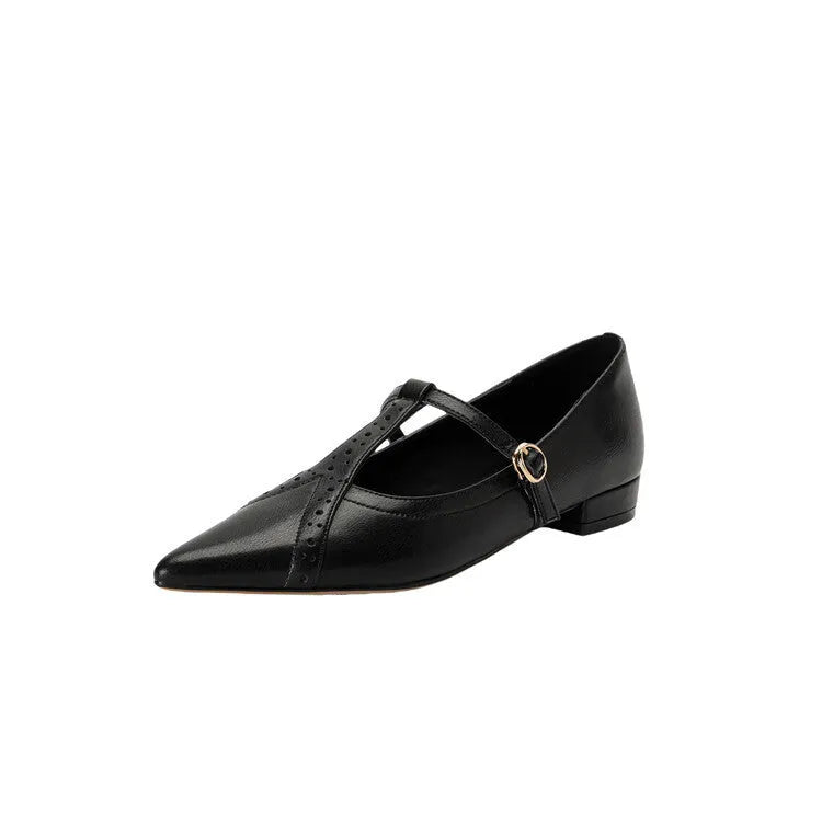 Brown pointed toe women's flat shoes with a low-cut design and metal detail.
