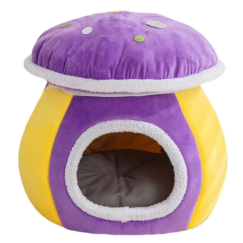 Grey mushroom-shaped cat nest bed with plush lining and a detachable blanket
