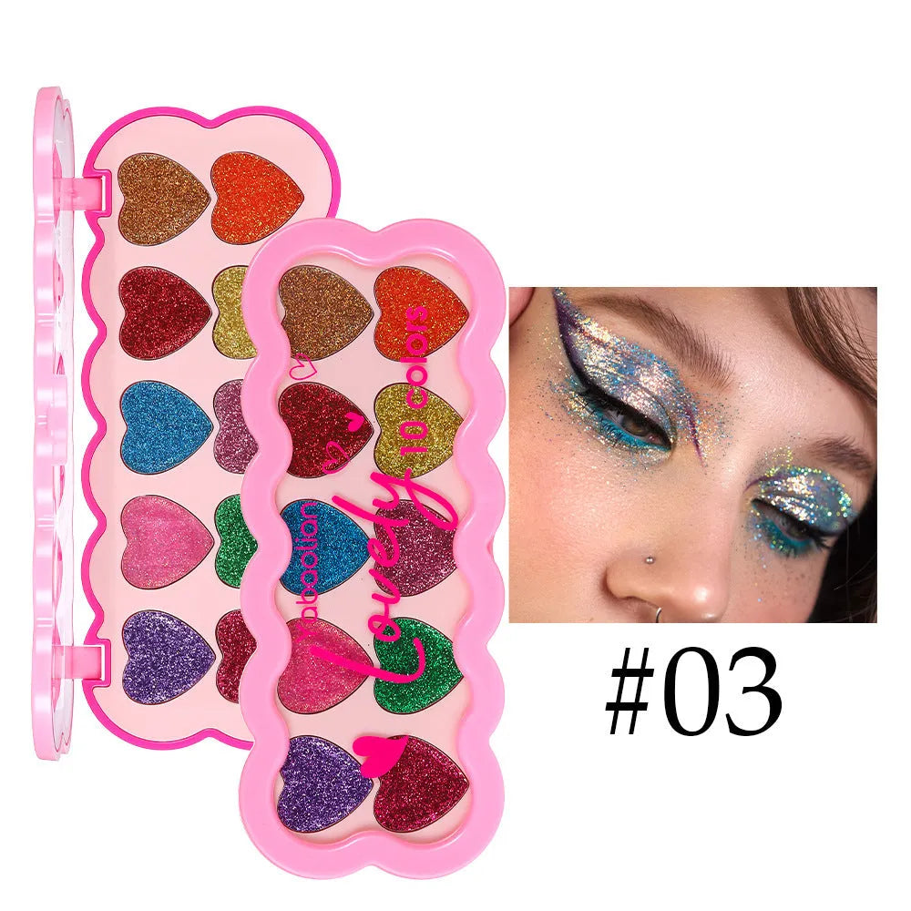 Pearlescent Heart ten-color sequin eyeshadow palette showing shades for punk and festival makeup