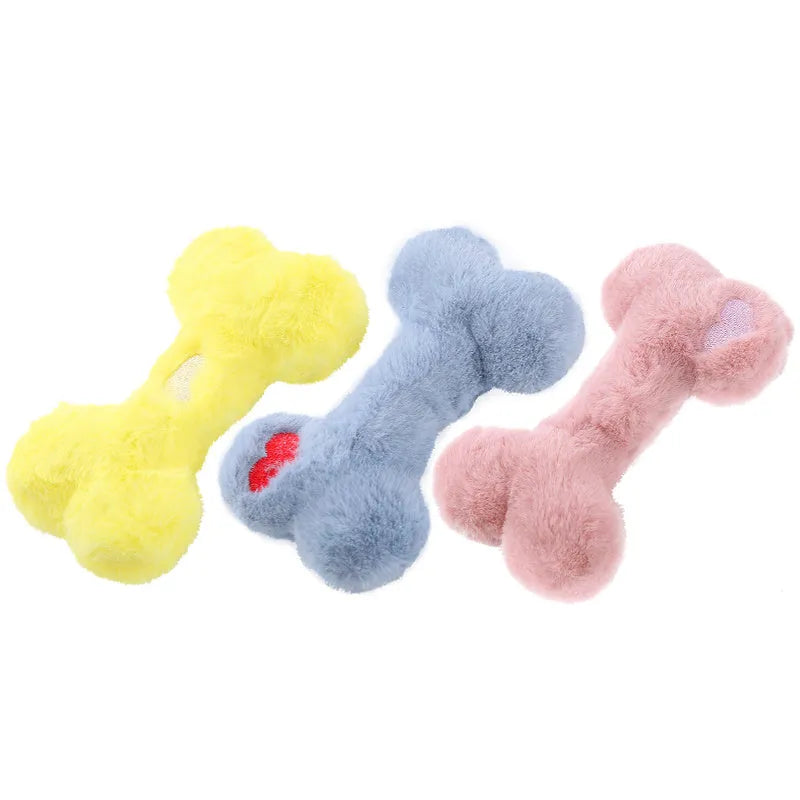 Plush love bone dog toy with squeaker in blue pink yellow colours
