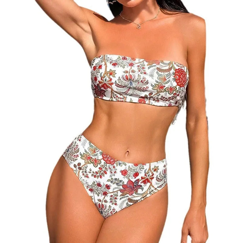 Women's printed bandeau swimsuit with matching shorts set showing colour printing design