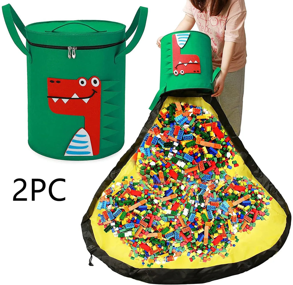 Green felt cube storage bag with pull rope that converts into a flat play mat for toys.