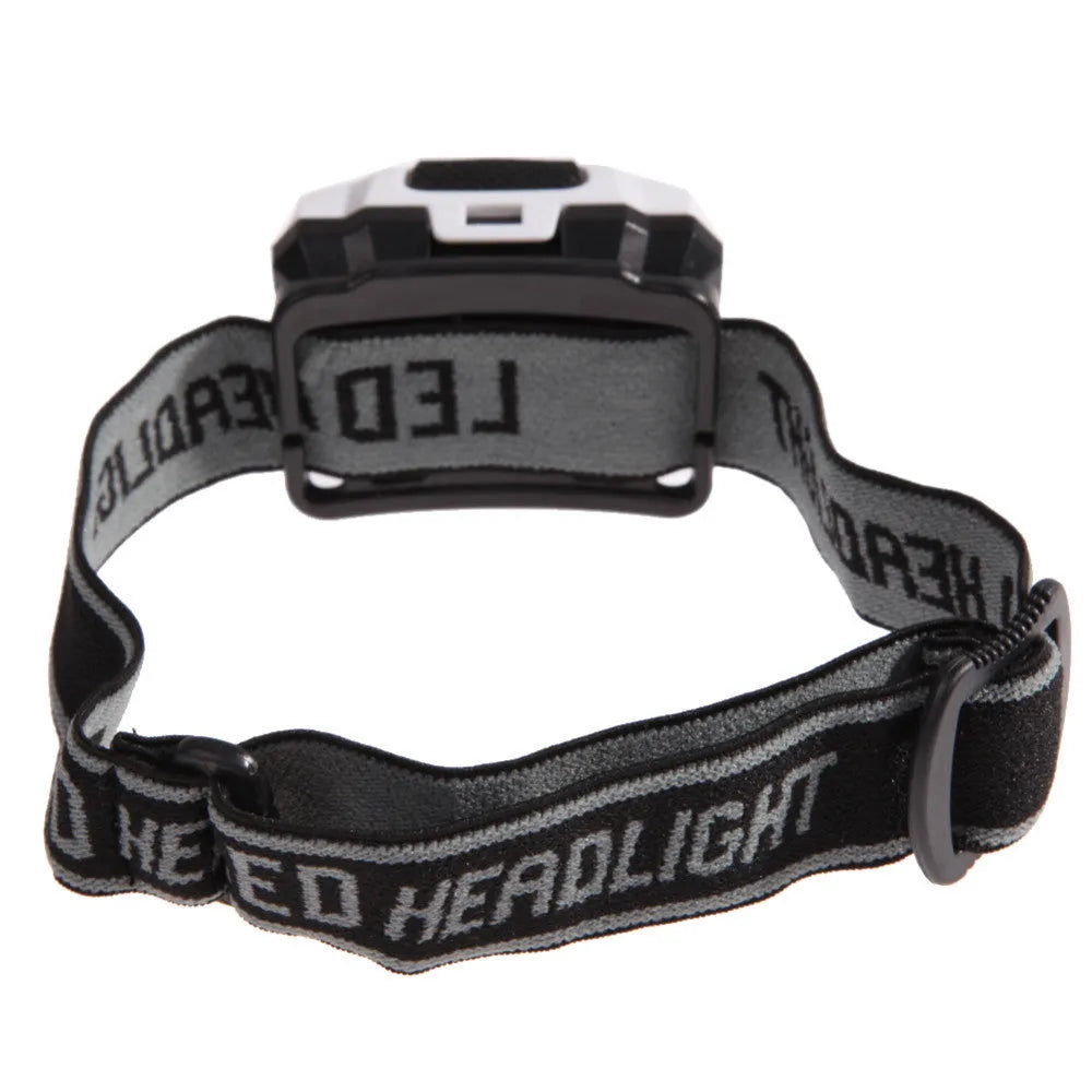 Black outdoor LED headlamp with white and red lights on an adjustable headband.
