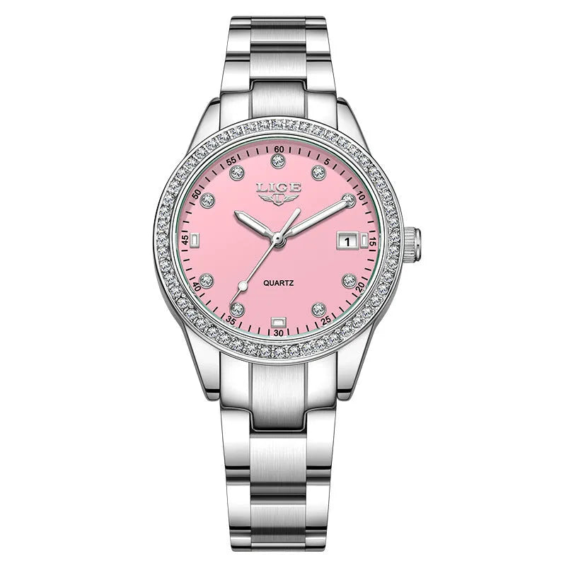 Fashion girl quartz watch with stainless steel case, luminous dial, and spiral crown in silver colour options