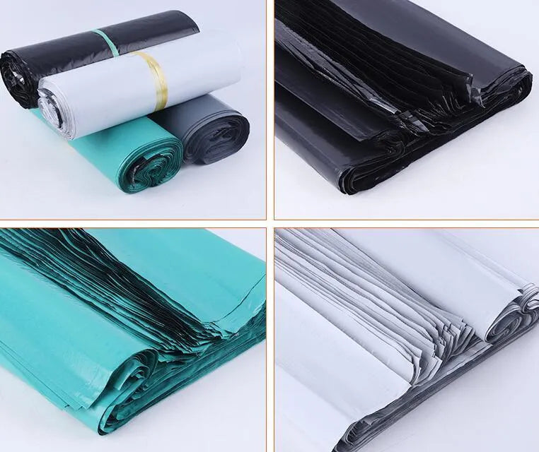 Bundle of 100 white self-seal PE courier bags with size and colour options shown.