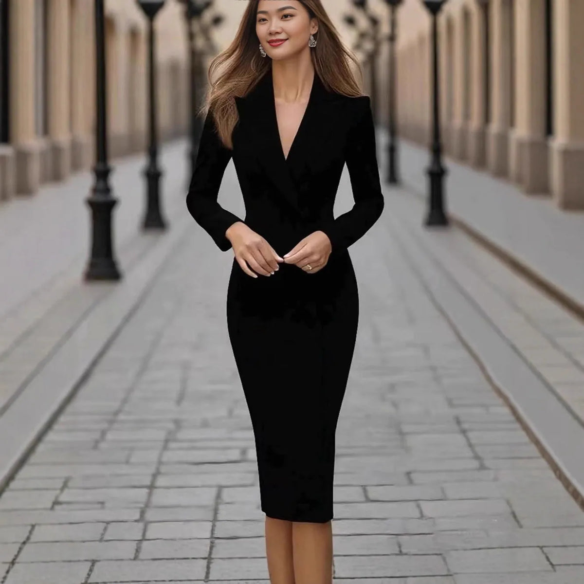 Women's single-breasted long sleeve polyester coat dress in navy blue with high waist design
