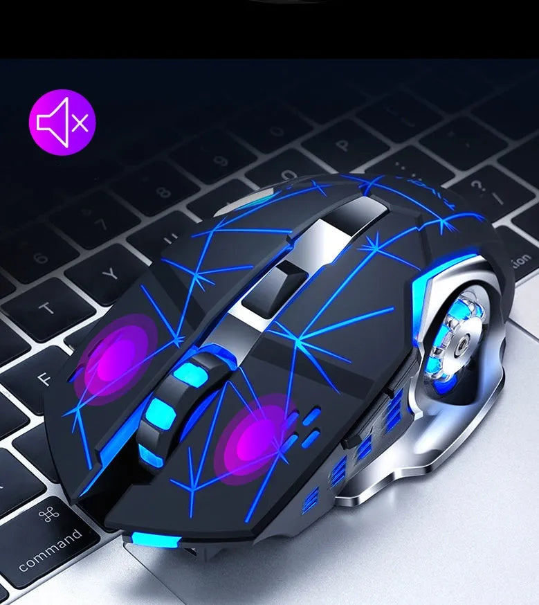 Black and white wireless mouse with wireless charging and quiet click buttons