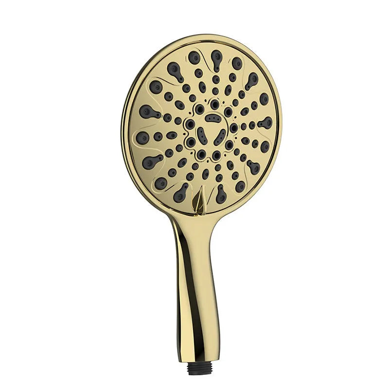 Six-function handheld shower head with electroplated finish measuring 6 inches in diameter