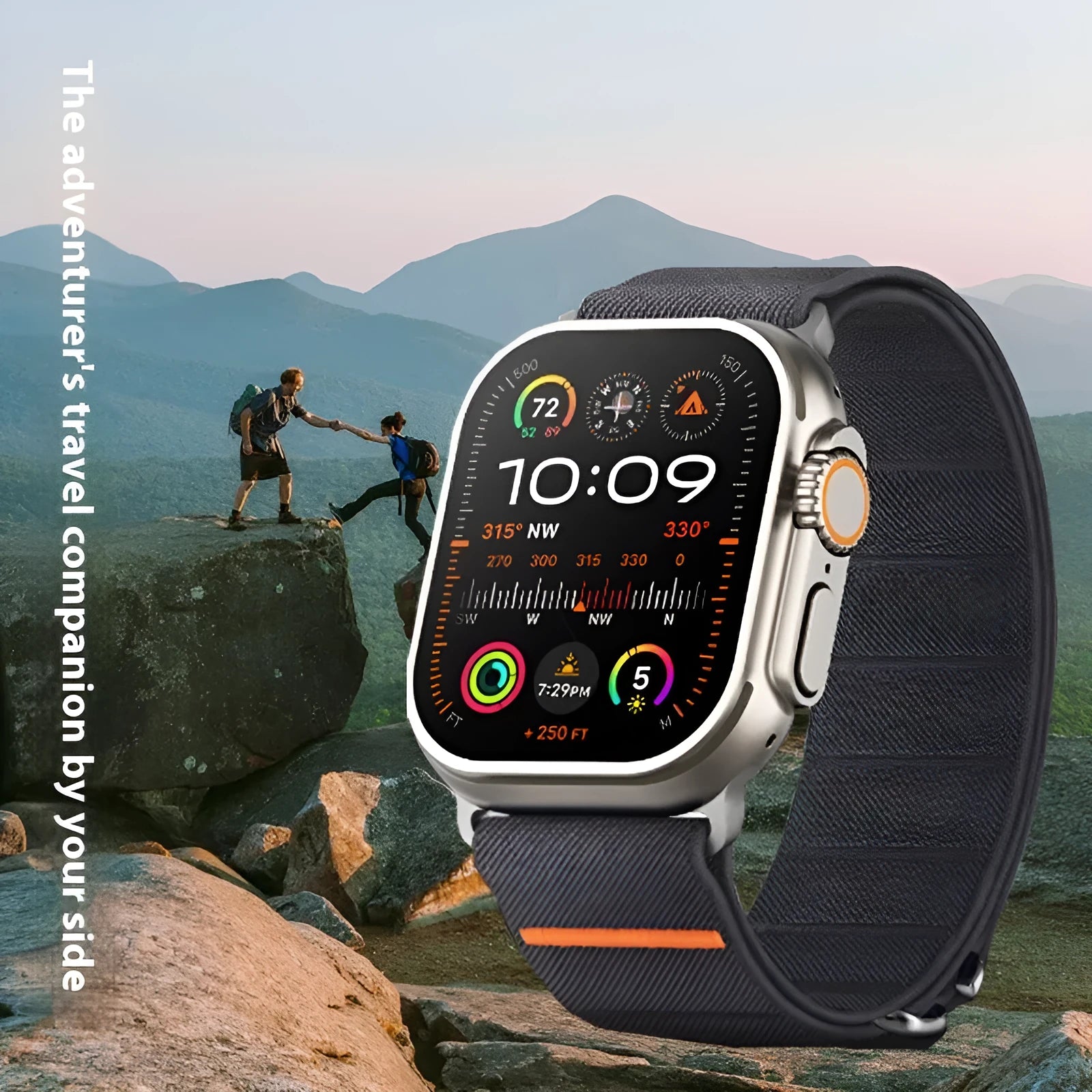Elastic nylon Apple Watch band with stainless steel buckle in multiple colour options.