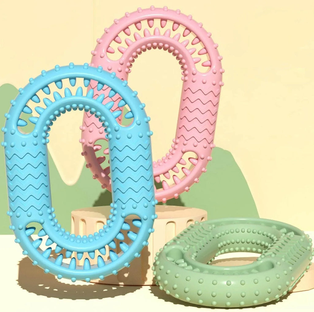 Blue O-ring shaped dog chew toy for aggressive chewers with dental cleaning benefits