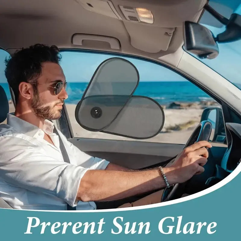 Black stretchy car side window sun shade with suction cups, installed on a car window.