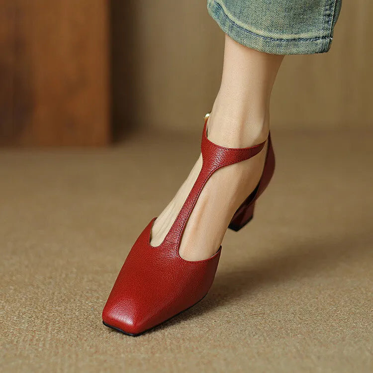 French retro square-toe chunky heel shoes in wine red sheepskin leather with buckle closure