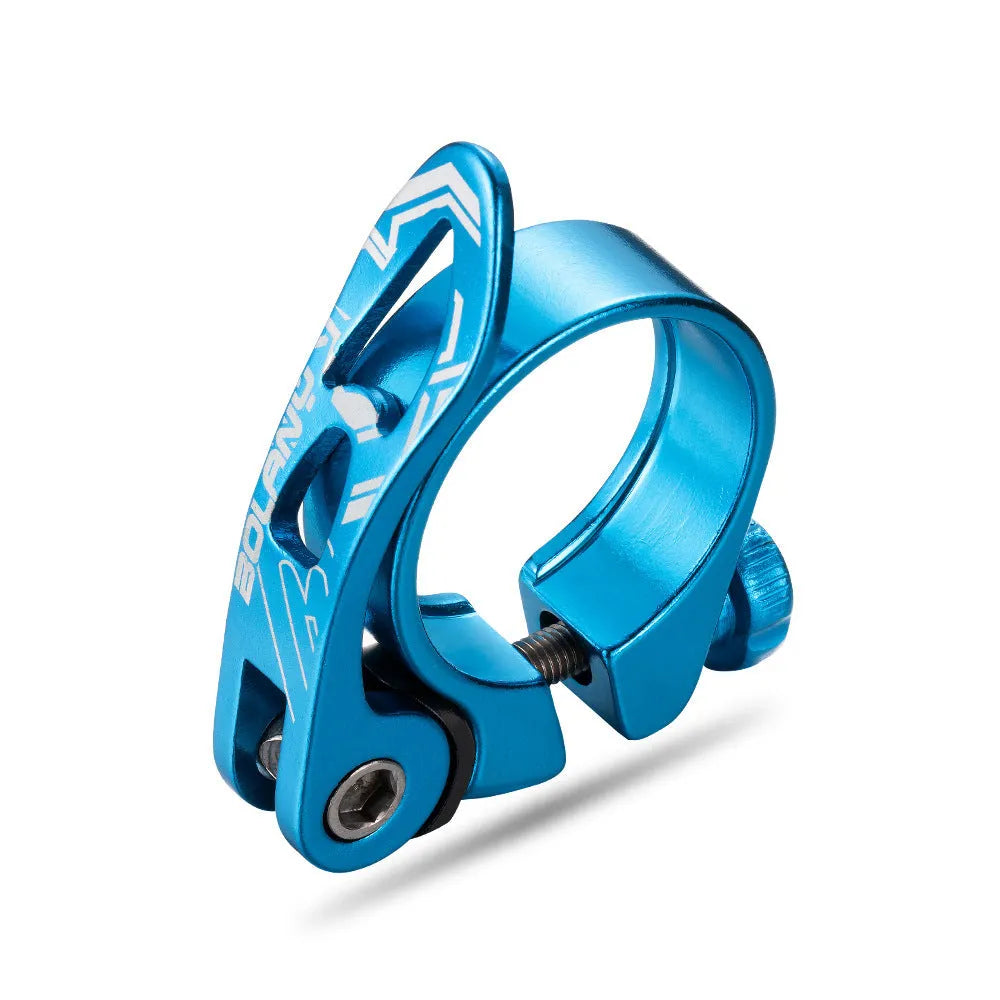 Aluminium mountain bicycle seat post clamp in black, red, gold, or blue colour options.