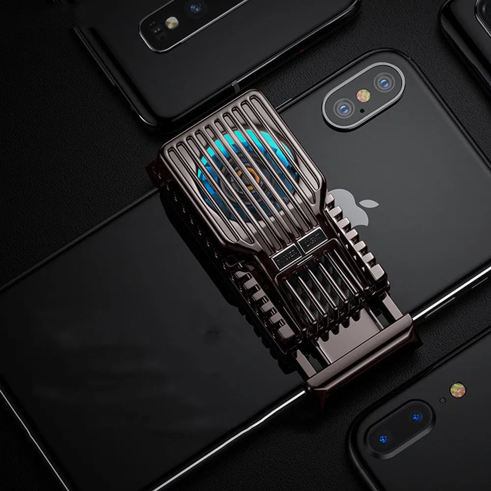 A black clip-on mobile phone radiator fan for 4-7 inch smartphones, shown with a USB data cable.