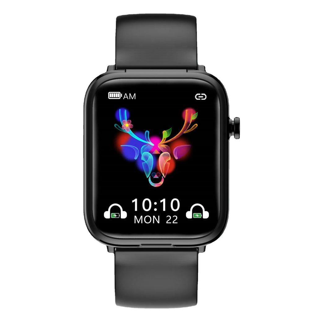 Black all-touch smartwatch with integrated Bluetooth earpieces, showing a 1.69-inch display on a zinc alloy body.