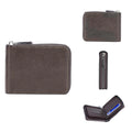Black PU leather anti-theft zipper wallet with embossed pattern and credit card slots.