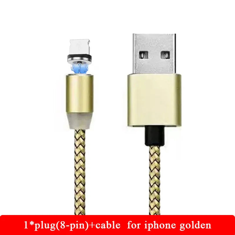 Magnetic LED charging cable with cotton braided sheath and aluminium shell in black colour