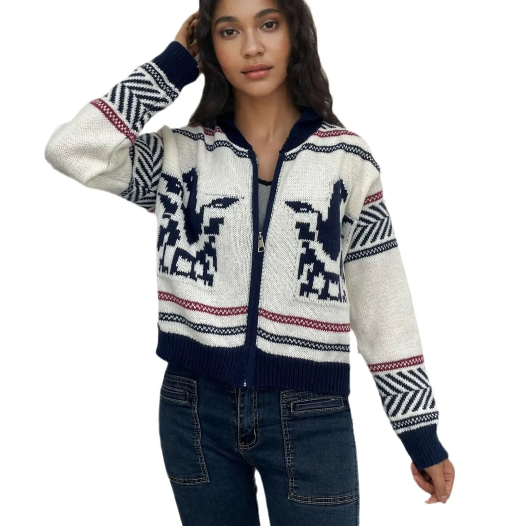White women's zipper cardigan with contrast jacquard stripe pattern and lapel collar