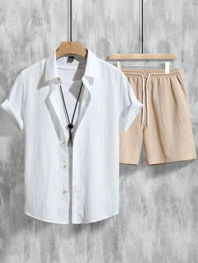 Men's casual 3D printed Hawaiian shirt and shorts set in picture colour, made from elastic polyester.