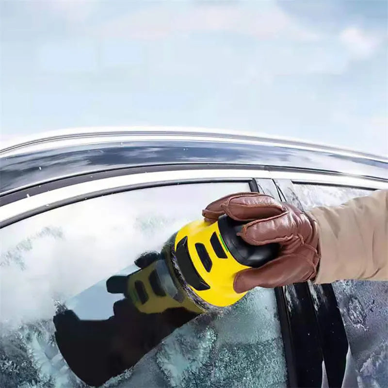 Yellow cordless electric snow scraper for car window deicing with USB charging cable