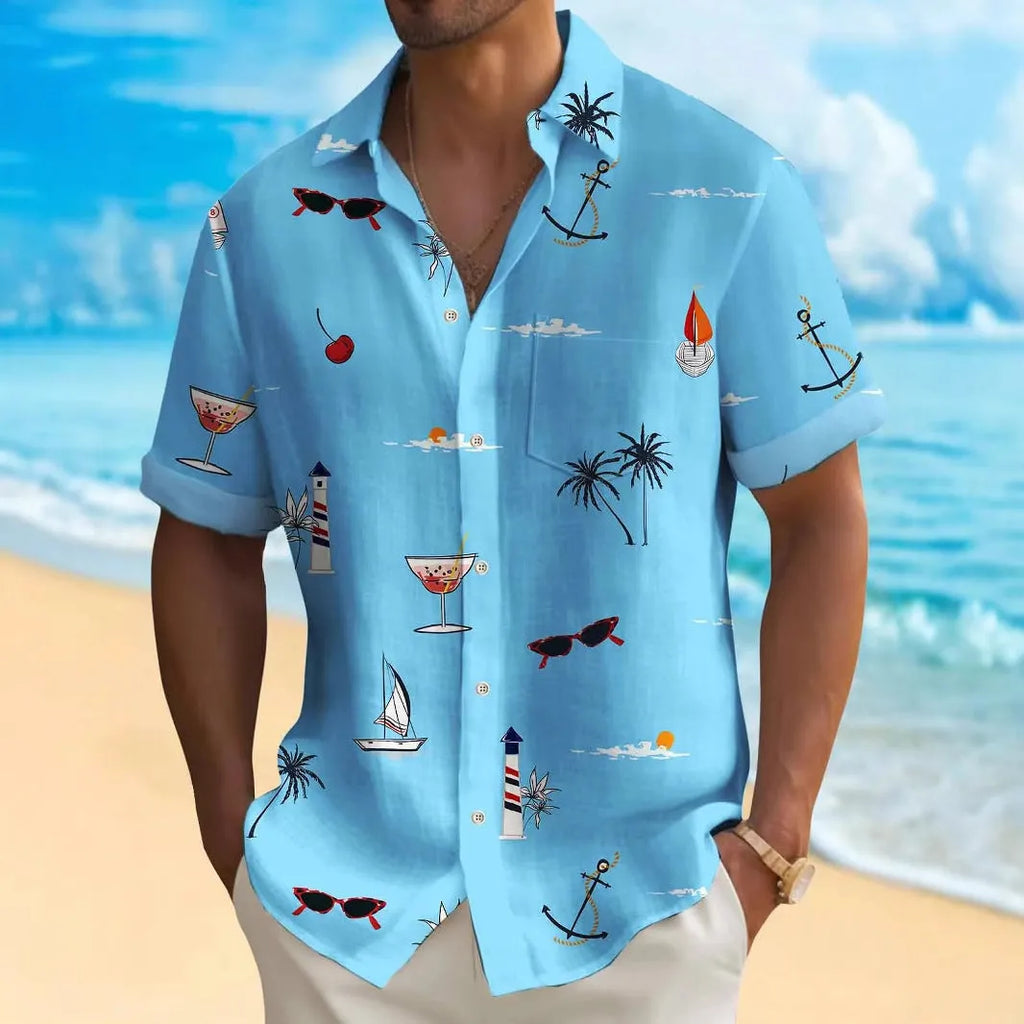 Man wearing a loose fit, short sleeve Hawaiian shirt with a vibrant digital print pattern.
