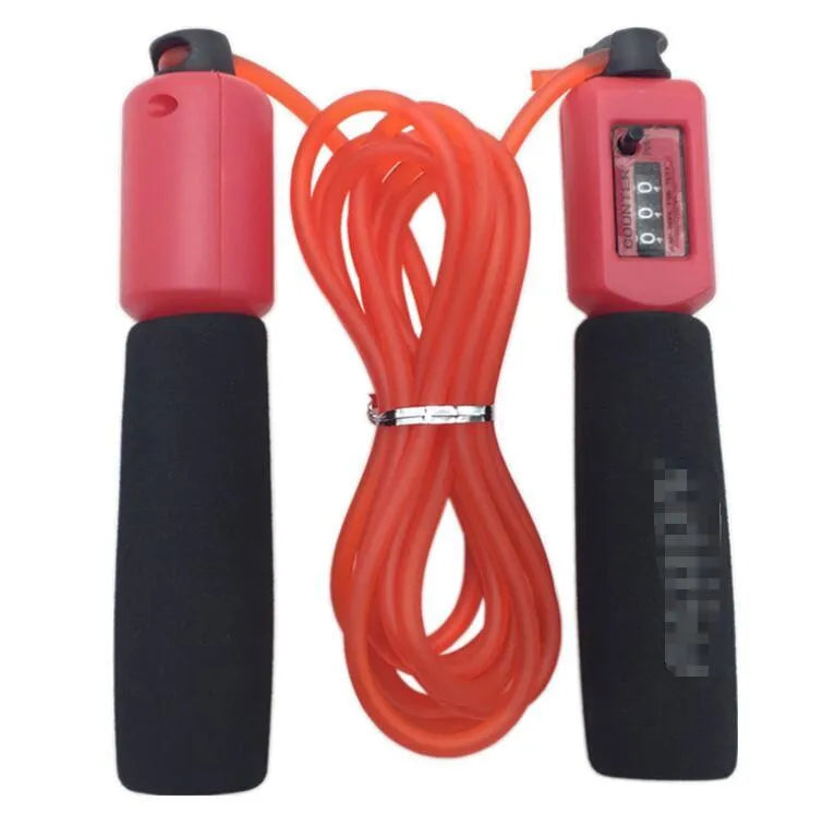 A fitness skipping rope with sponge handles, showing the 3m length and available in black, blue, green, and red colours.