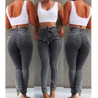 Women's fringed jeans with distressed hem in grey, dark blue, and light blue colours, showing five-pocket design and loose fit