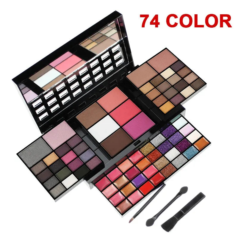 74 colour makeup combination palette open showing eyeshadows, lip glosses, and brushes