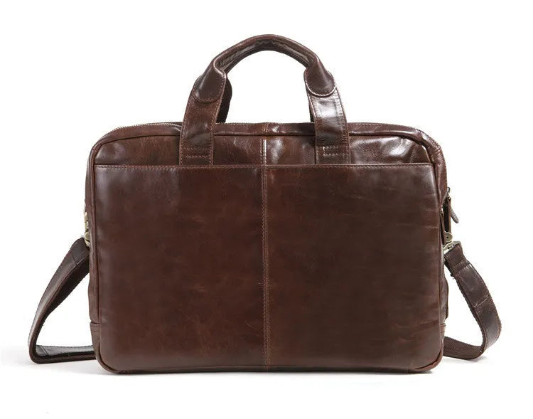 Brown first layer cowhide leather business briefcase, 18 inches in size.
