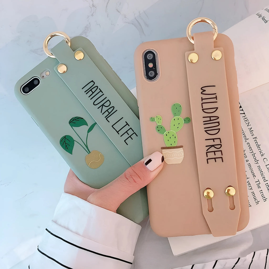 Green graffiti style wristband holder phone case for iPhone on a white background