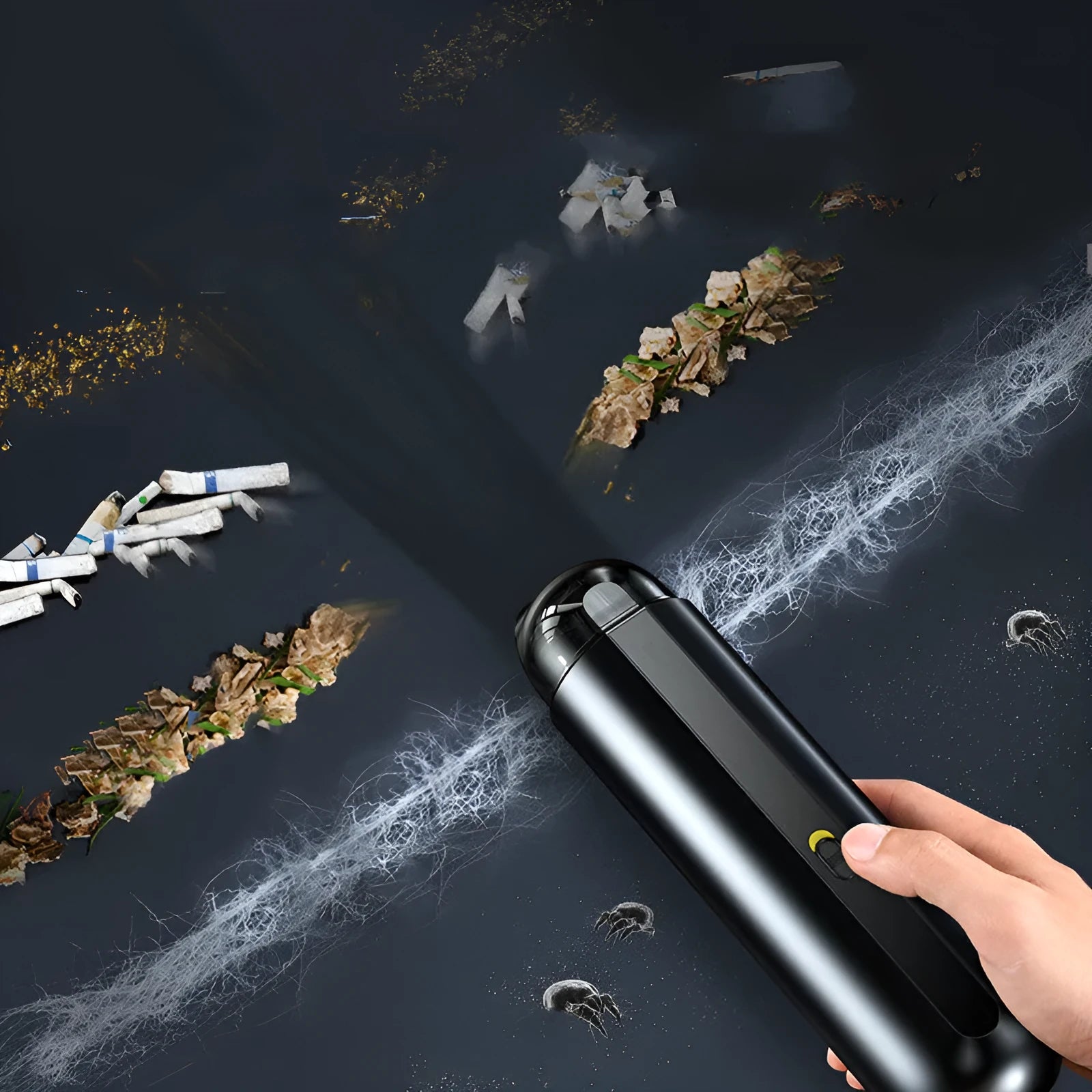 Baseus handheld cordless car vacuum cleaner in black, white, or green with blowing hose attachment.