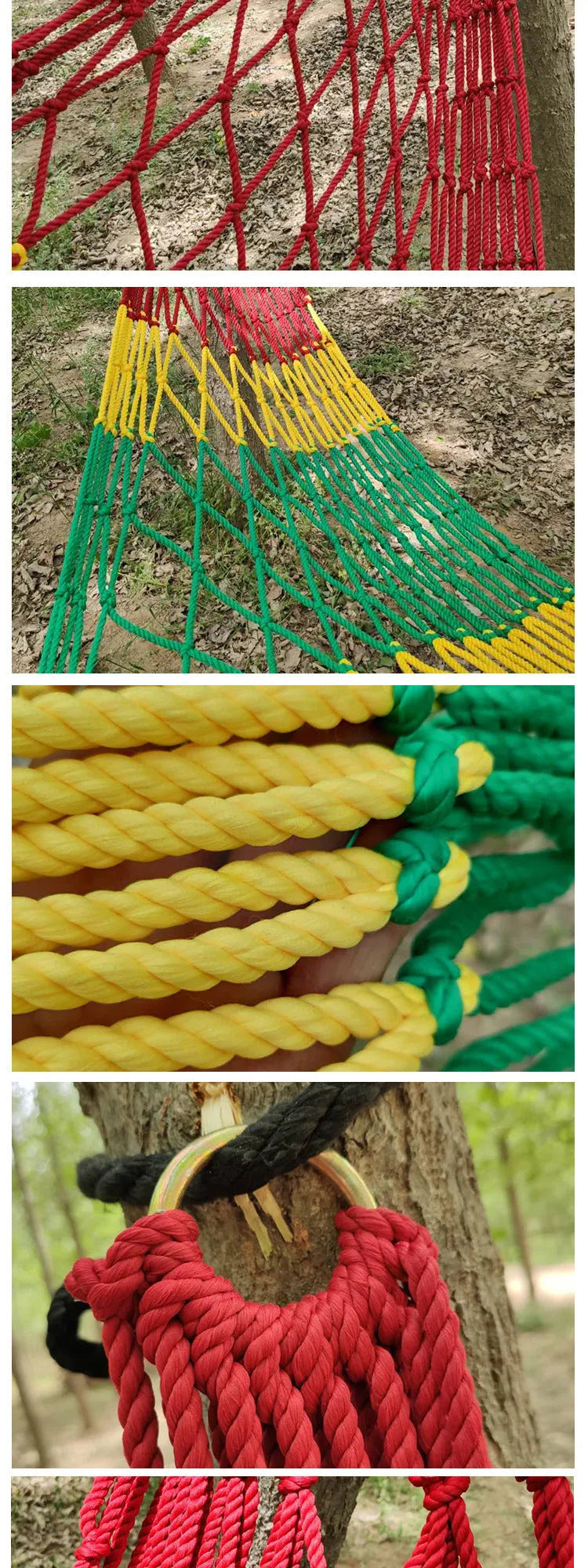Nylon rope mesh hammock hung outdoors, showing its woven design and included tying ropes.