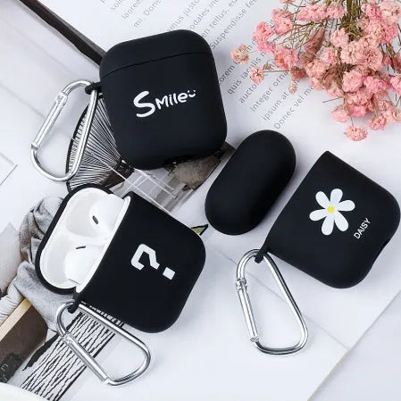 PC AirPods case cover with decorative designs in black and pink colour options