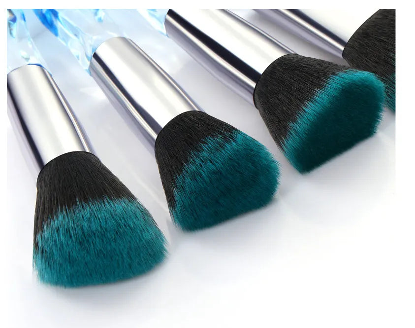Set of 10 clear crystal handle foundation brushes with artificial fibre bristles in black blue red or yellow