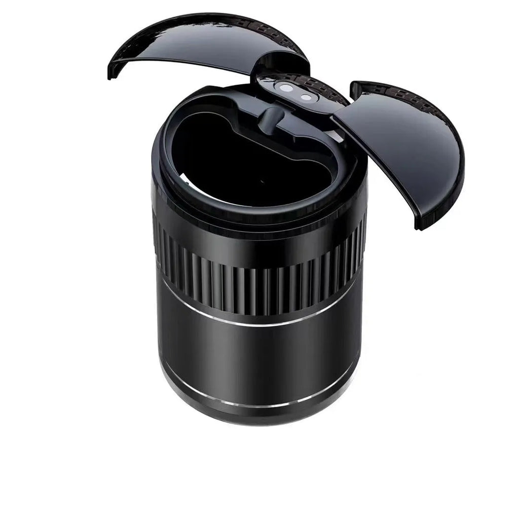 Metal automatic car ashtray with lid in black, showing compact 113mm by 72mm dimensions