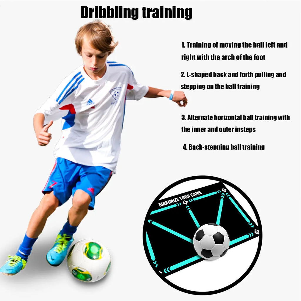 Black rectangular football training mat measuring 60 by 90 centimetres on a flat surface.