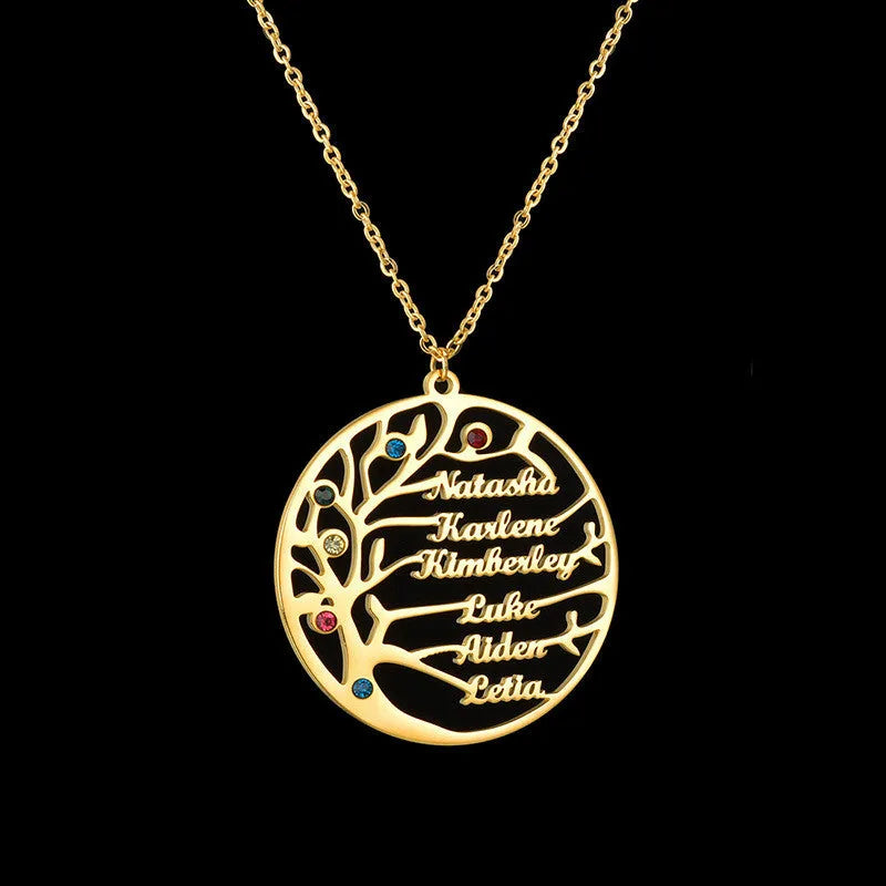 Personalized stainless steel Tree of Life necklace with custom name, gold or rose gold or steel colour clavicle chain