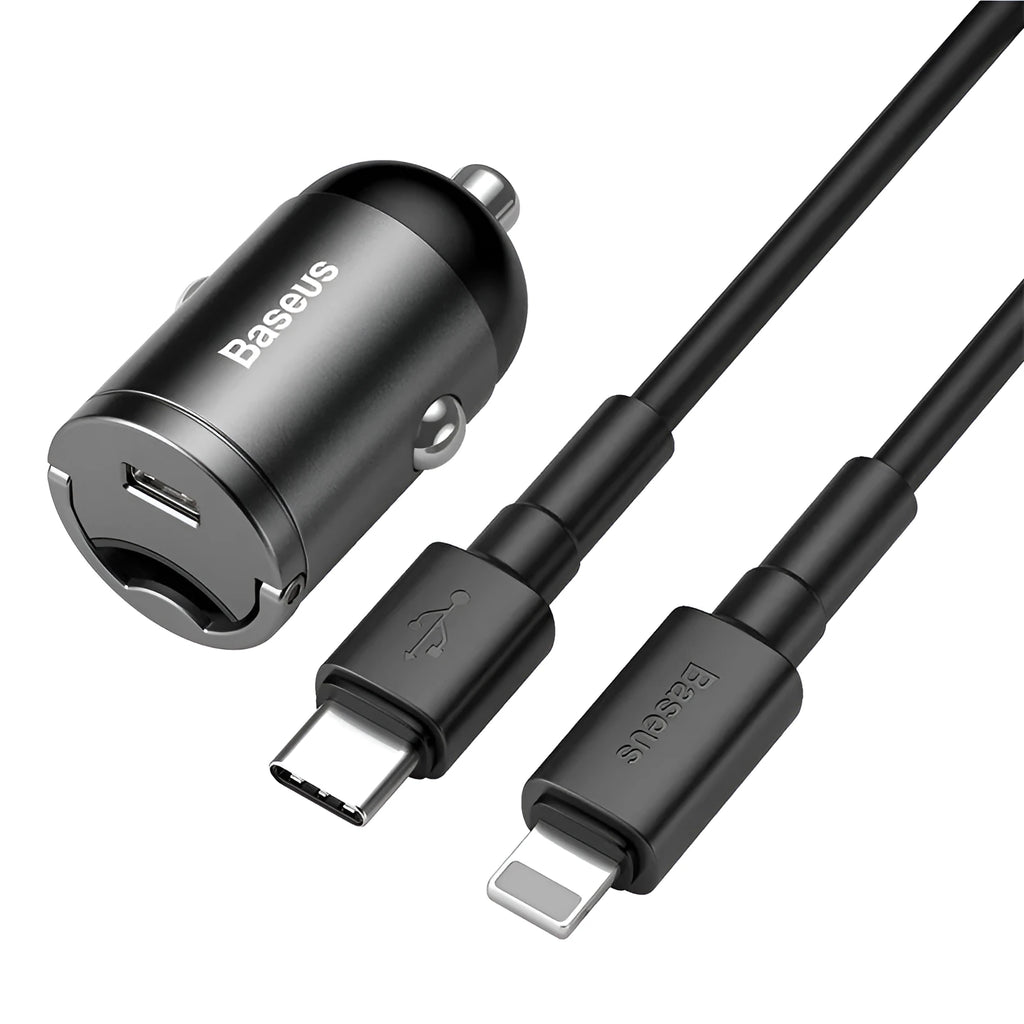 Baseus electro-optical grey 30W PPS car charger with 1 metre cable for mobile phones