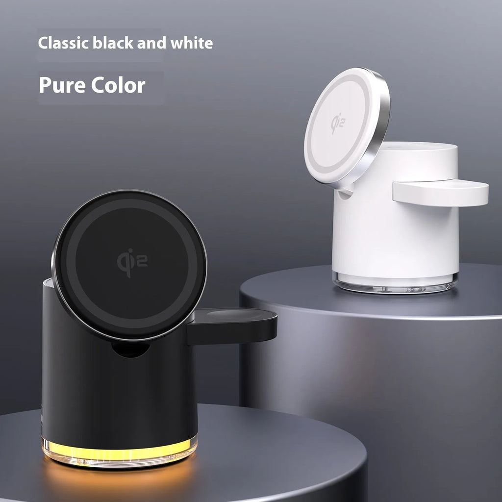 Magnetic three-in-one wireless folding charger in ivory white showing phone, watch and earphone charging simultaneously