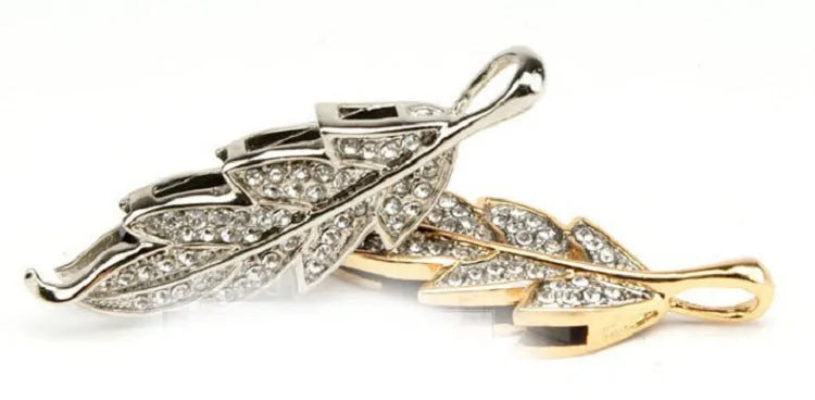 Silver metal maple leaf crystal jewellery USB flash drive showing detailed design