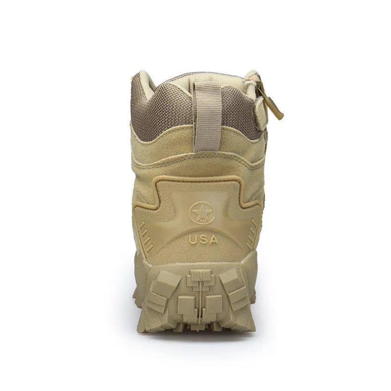 US Army Delta Tactical Boots in black and sand colours, showing leather and velvet upper with rubber sole.